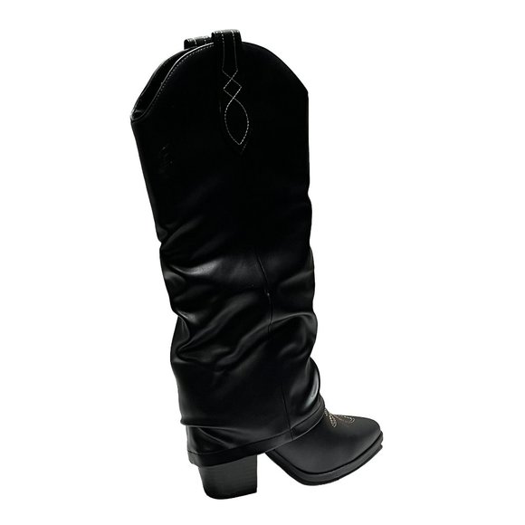 New Black Cowboy Fold Over Western Knee High Cowgirl Boots - Picture 5 of 6